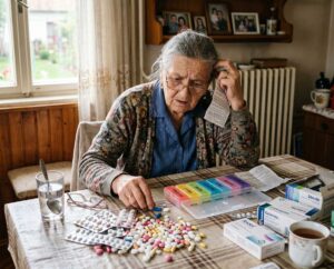 Baka zbunjeno gleda u gomilu lekova