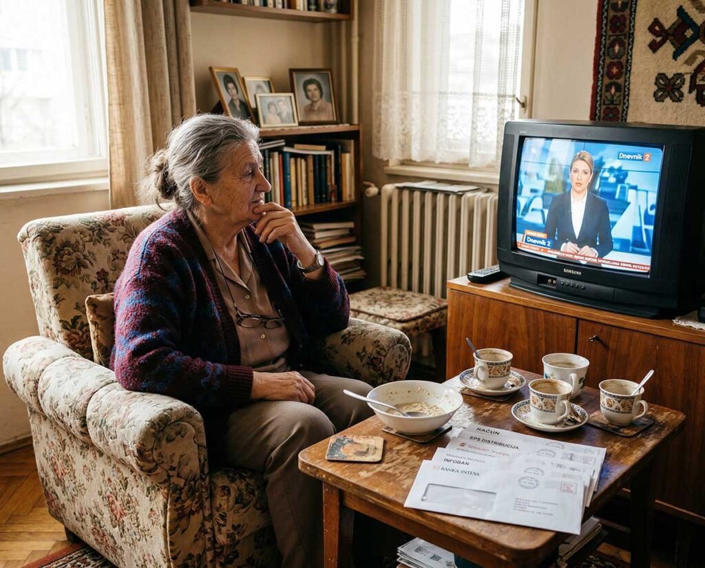 Baka gleda TV a ispred nje na stolu prljavi sudovi i neplaćeni računi