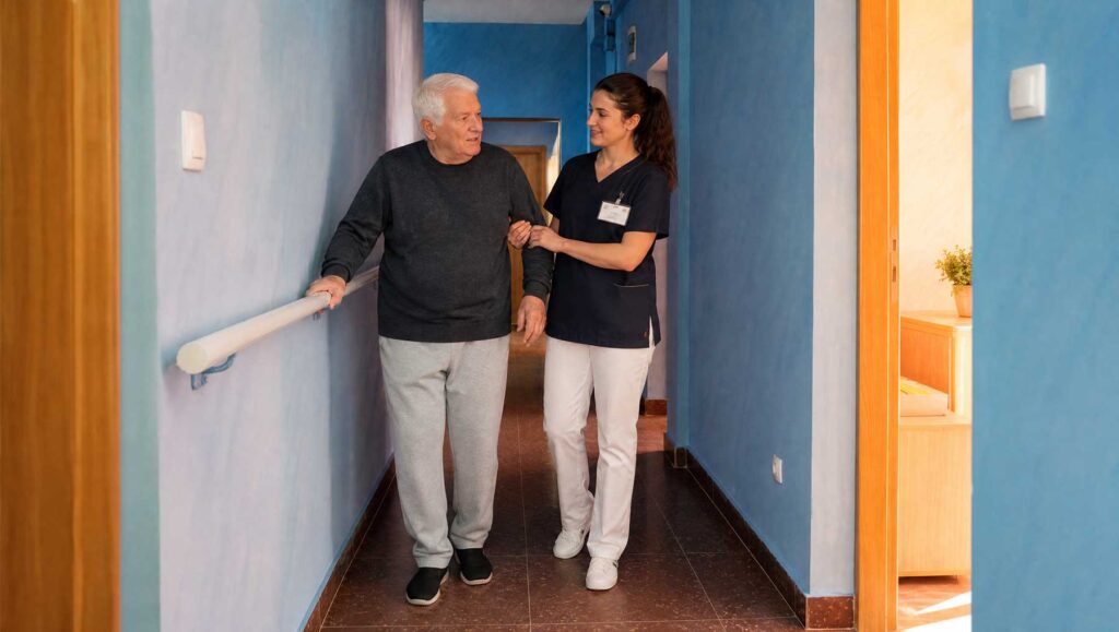 Stariji muškarac teško hoda samostalno u domu za stare Vila Košuta